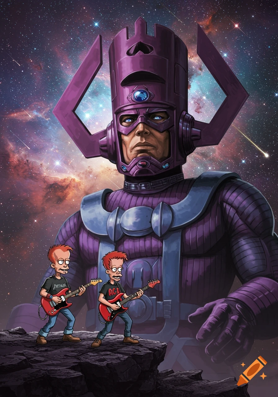 Galactus looms in space while Beavis and Butthead play guitars on a rocky surface, comic book style.