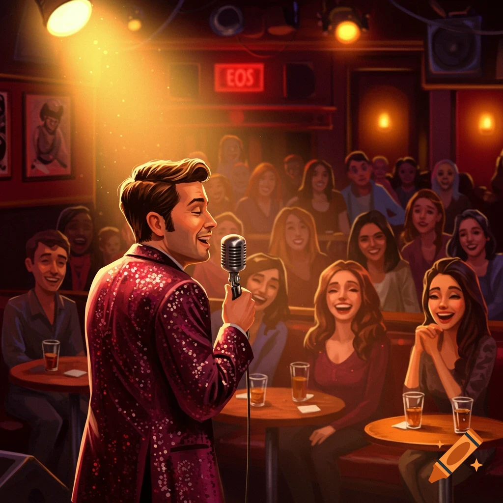 A male comedian in a sparkling jacket performs stand-up with a microphone for a laughing audience in a dimly lit club, illustrated.