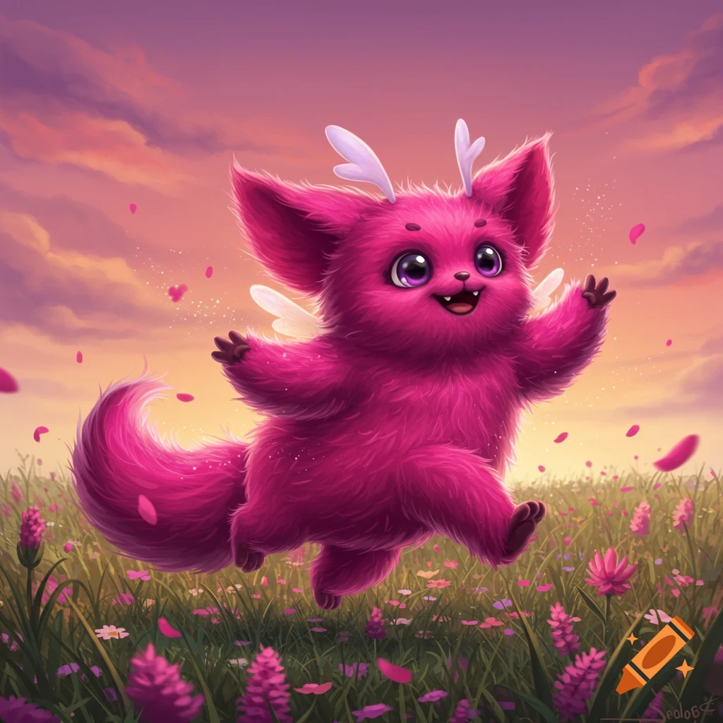 A fluffy magenta creature with small antlers and wings joyfully runs through a field of pink flowers at sunset.