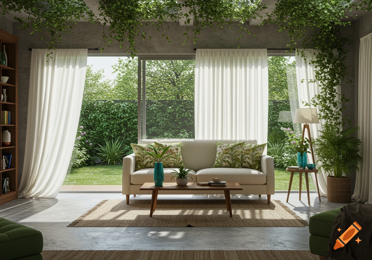 A bright, photorealistic living room with a cream sofa, wood coffee table, and lush green plants, overlooking a garden through sliding doors.