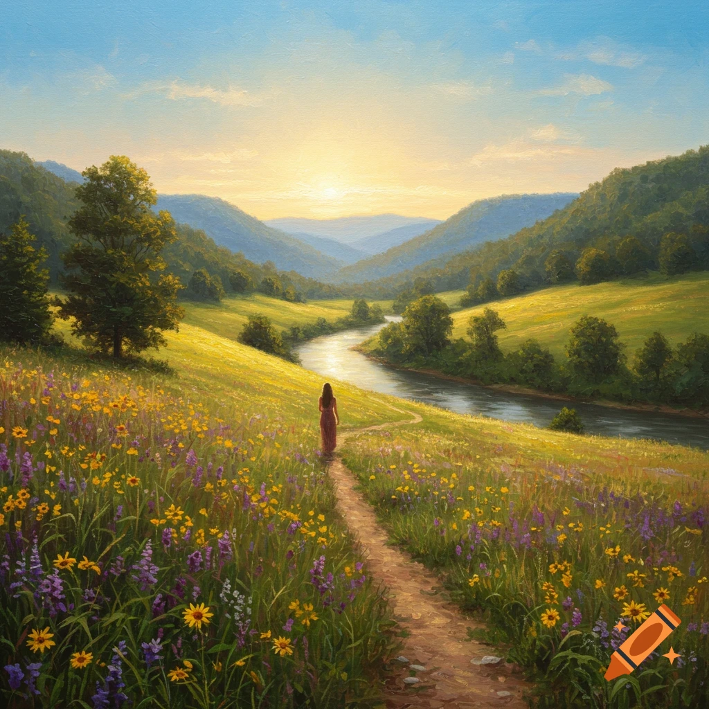 Oil painting of a woman walking on a path through a colorful wildflower field, with a river flowing through a scenic valley at sunset.