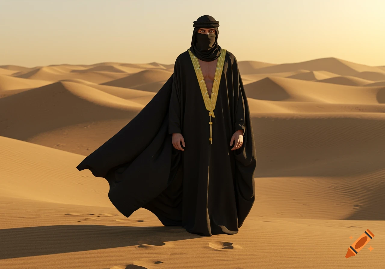 A veiled man in black robes with gold trim stands dramatically in a vast desert landscape with sand dunes.