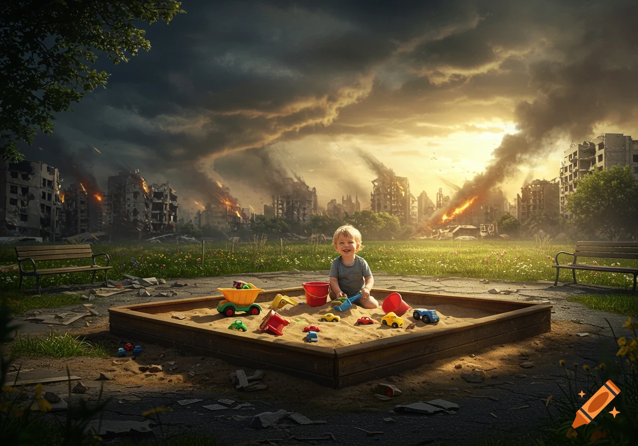 A young child plays in a sandbox with toys in a park, while a city burns and crumbles in the background under a stormy sky, photorealistic.