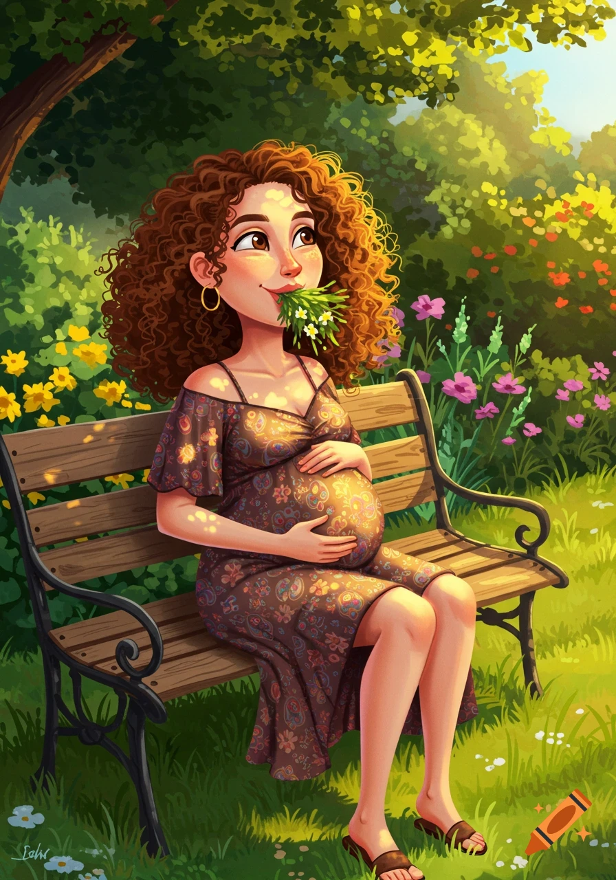 A cartoon illustration of a pregnant woman with curly brown hair sitting on a park bench, holding her belly, with flowers in her mouth. She is wearing a patterned dress, surrounded by green trees and colorful flowers in bright sunlight.