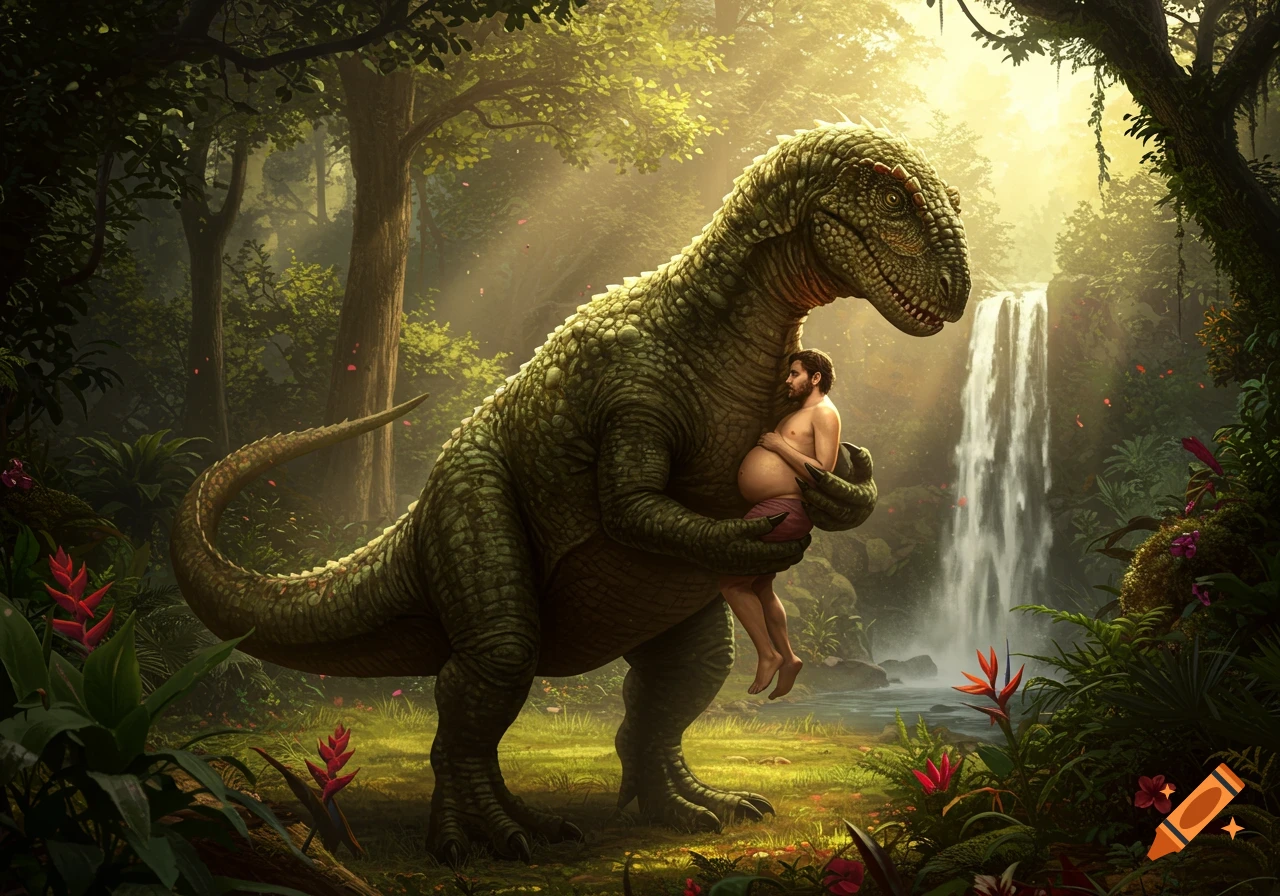 A large green dinosaur gently holds a pregnant man in a lush, sun-dappled jungle with a waterfall in the background, photorealistic style.