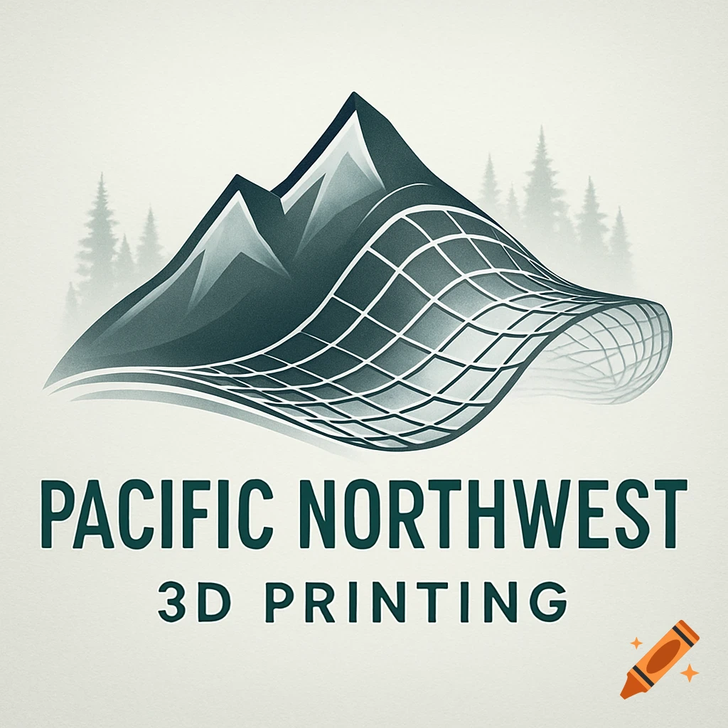 Logo for Pacific Northwest 3D Printing with a stylized mountain, a grid-like wave, and trees in the background.