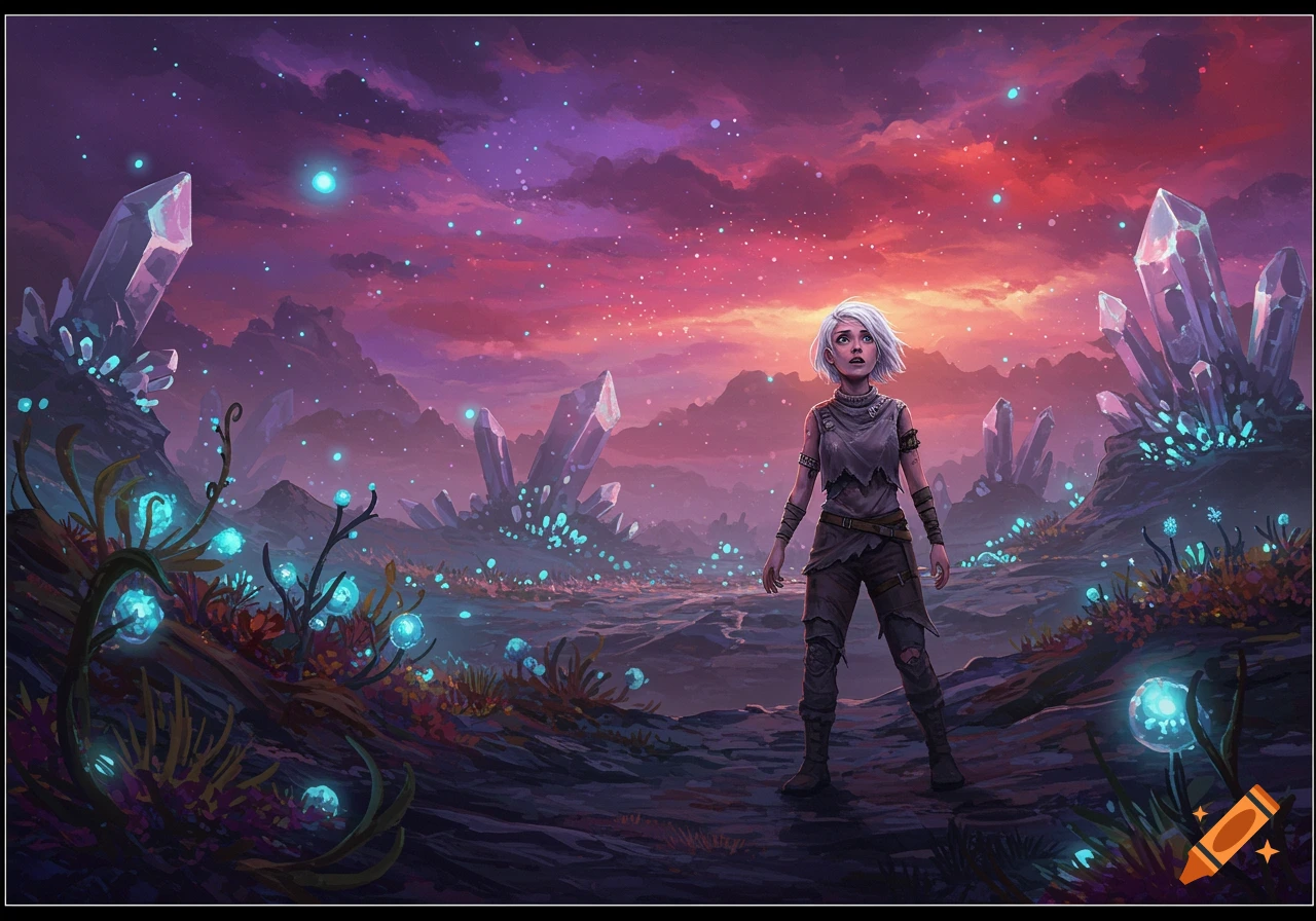 A white-haired woman in torn clothes stands in a vibrant alien landscape with large crystals and glowing blue plants under a colorful sky.