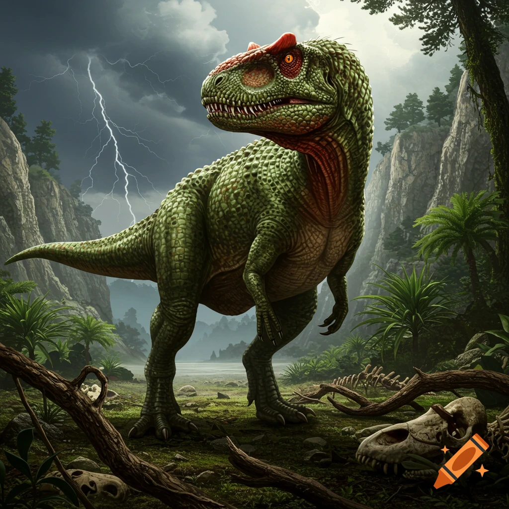 A green dinosaur with red markings stands in a prehistoric jungle during a lightning storm, with dinosaur bones nearby.