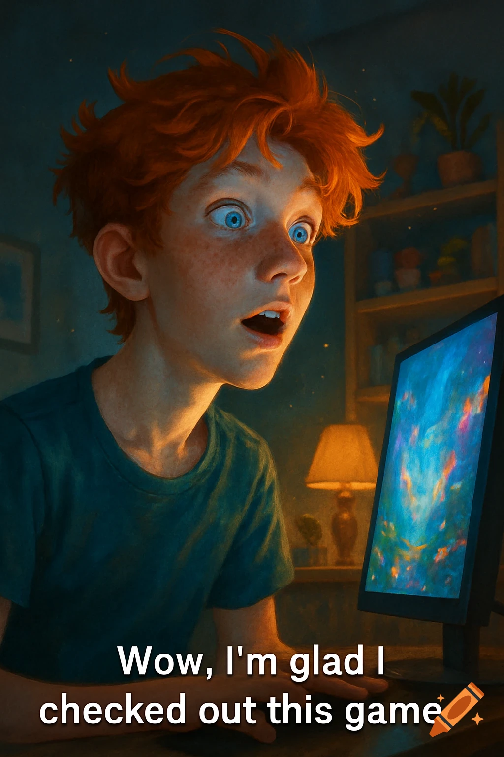 An amazed red-haired boy with freckles looks at a glowing computer screen, text says: "Wow, I'm glad I checked out this game."
