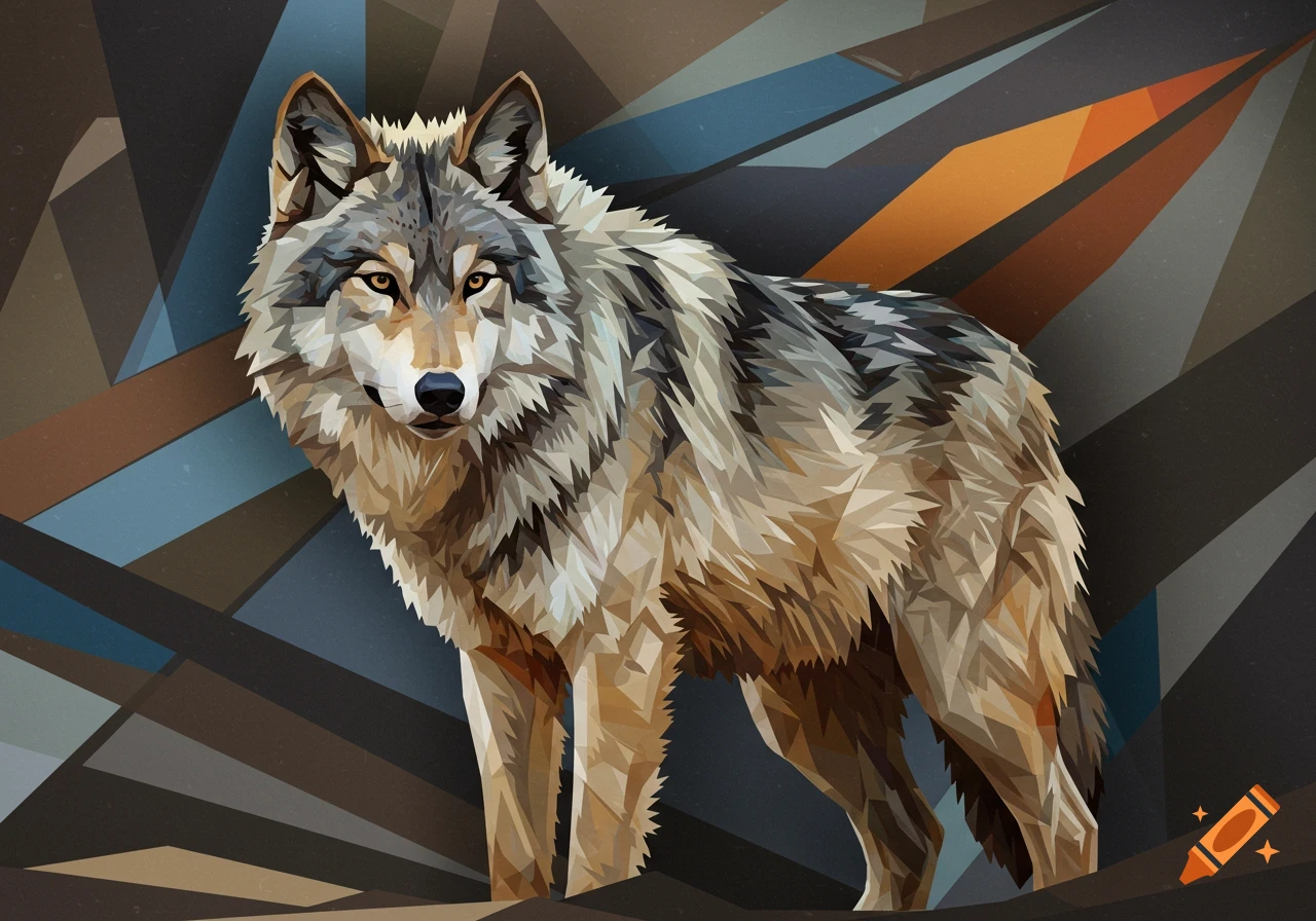 A cubist painting of a gray wolf standing amidst geometric shapes.