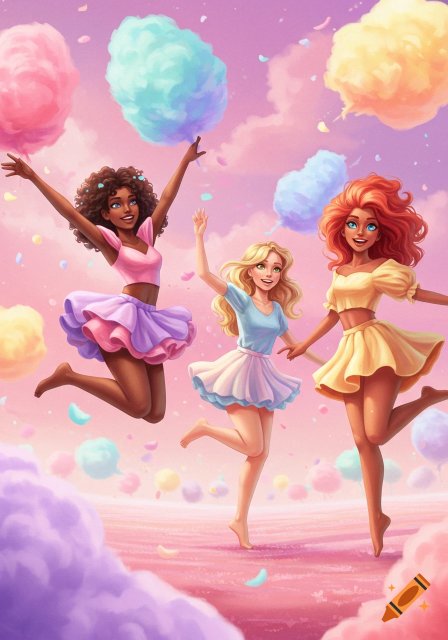 Three diverse cartoon women in colorful dresses jump happily amidst a sky filled with pastel cotton candy clouds.
