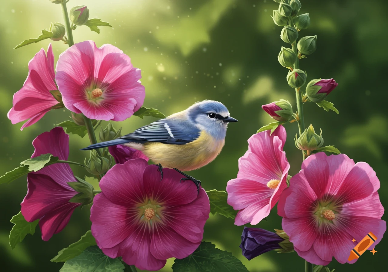 A small blue and yellow bird perches on a vibrant pink hollyhock surrounded by other flowers and green foliage.