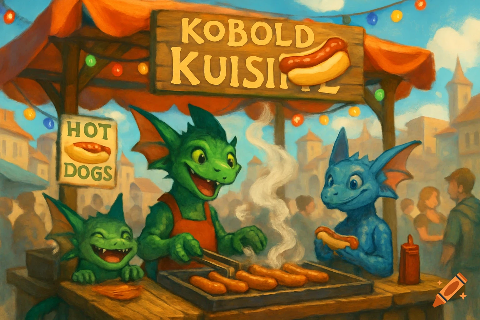 A vibrant fantasy illustration of green kobolds running a hot dog stand at a market, with a blue kobold eating a hot dog.
