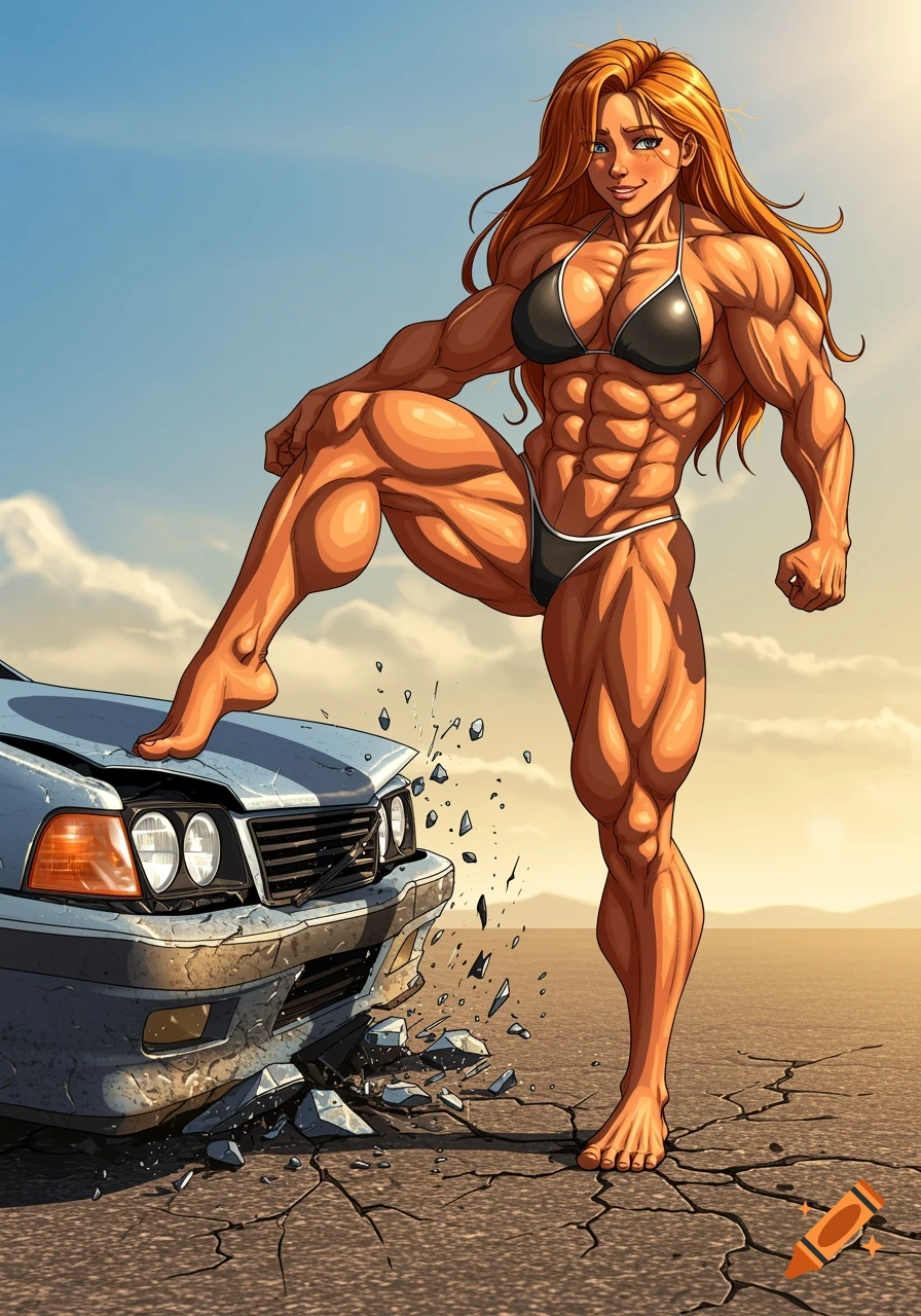 A superstrong, muscular woman in a bikini crushes a car with her bare foot on a sunny day, in a comic book art style.