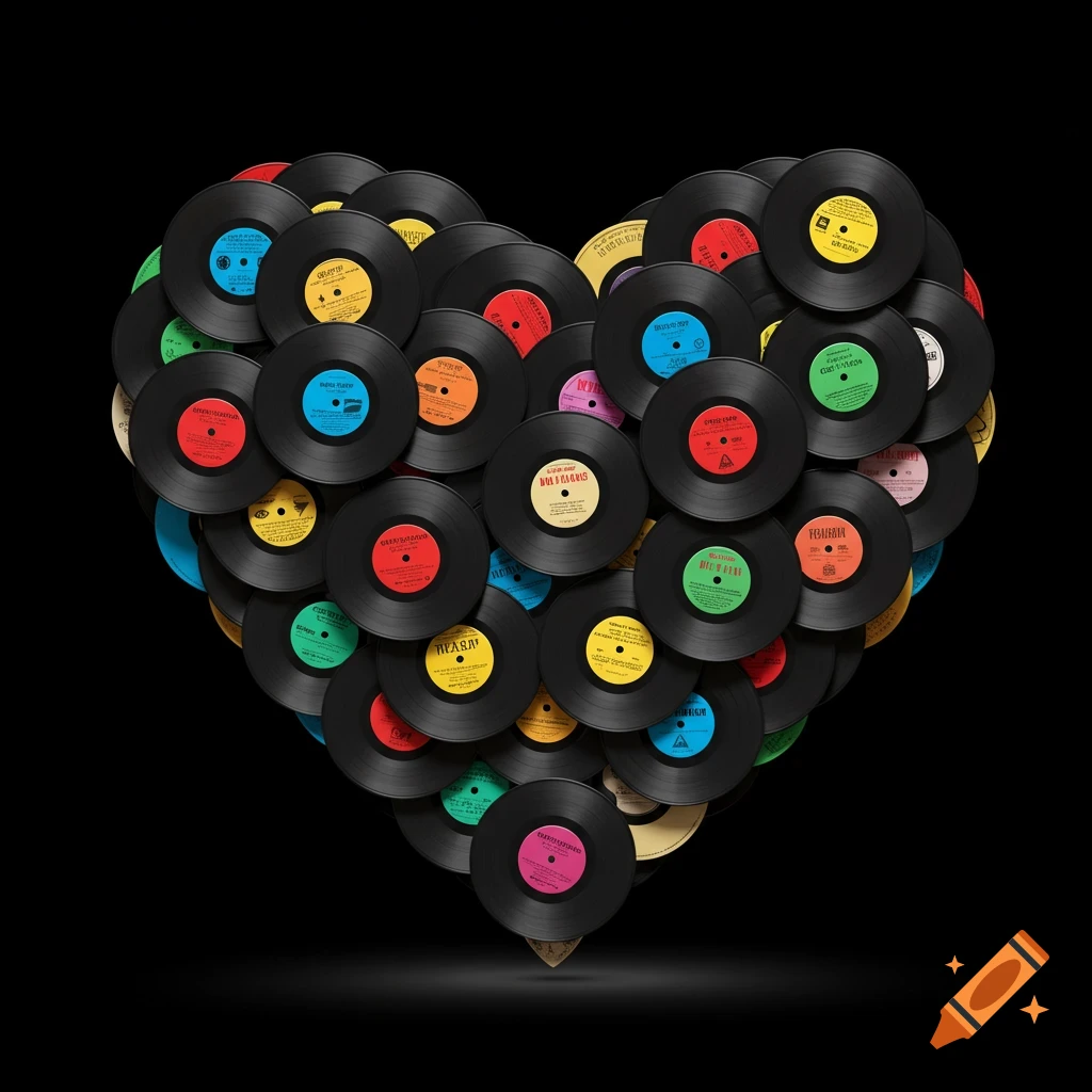 A heart shape formed by many colorful vinyl records on a black background, with brightly colored labels.