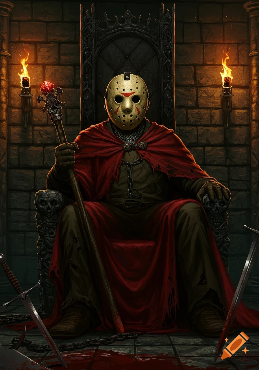 Jason Voorhees in his hockey mask and red cape sits on an ornate stone throne in a dark dungeon, with swords and blood on the floor.