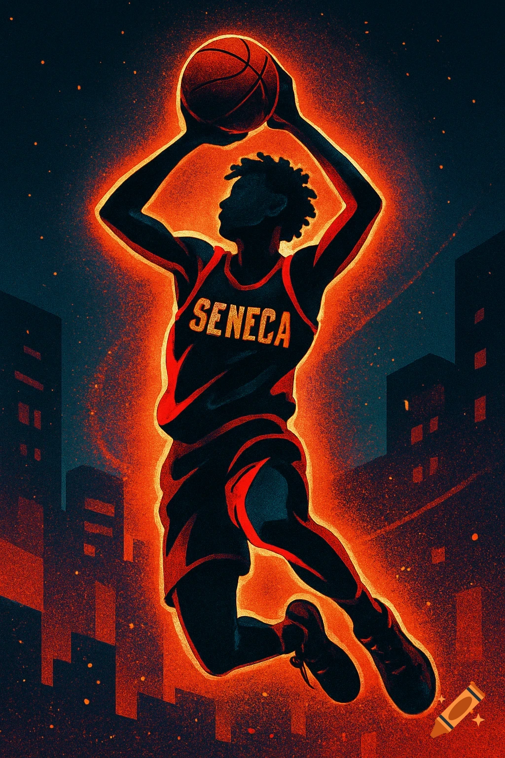 Abstract silhouette of a basketball player jumping, wearing a jersey with 'SENECA' on it, glowing red against a dark city background.