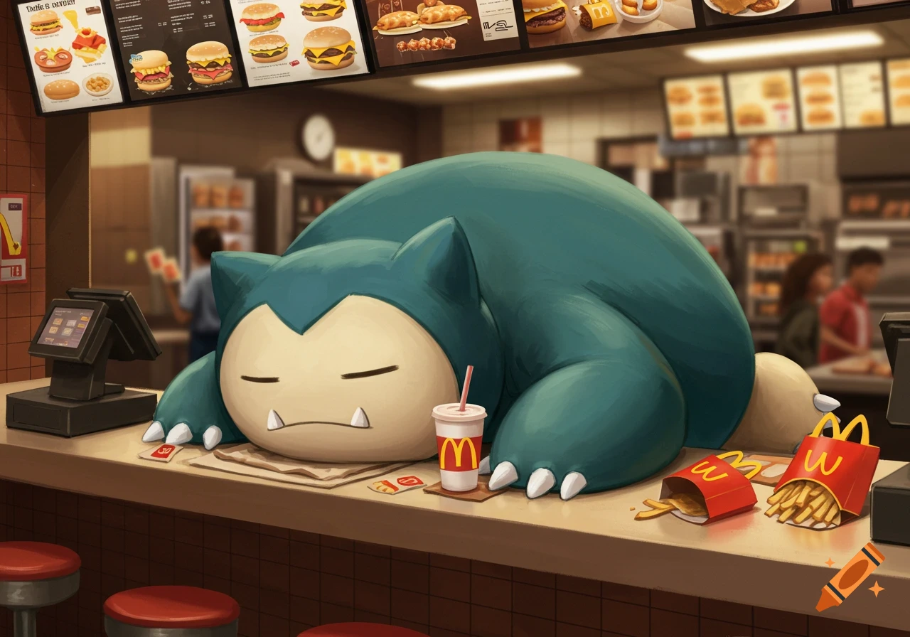 A giant Snorlax is fast asleep, taking up most of the counter space inside a McDonald's restaurant, surrounded by fast food items.