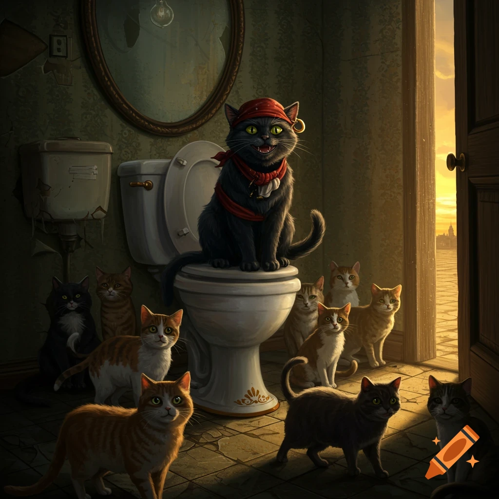 A black pirate cat sits on a toilet surrounded by many alley cats in a derelict bathroom, bathed in golden light from an open door.