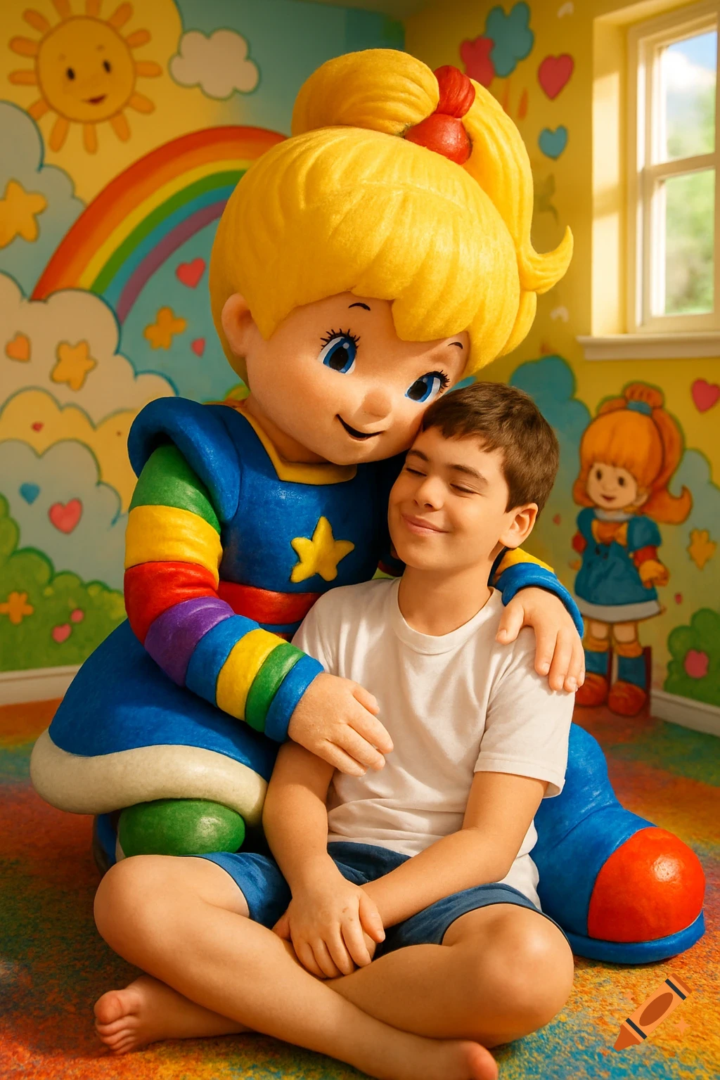 A young boy sits on the lap of a Rainbow Brite-like mascot in a colorful room with a rainbow wall drawing. They are embracing.