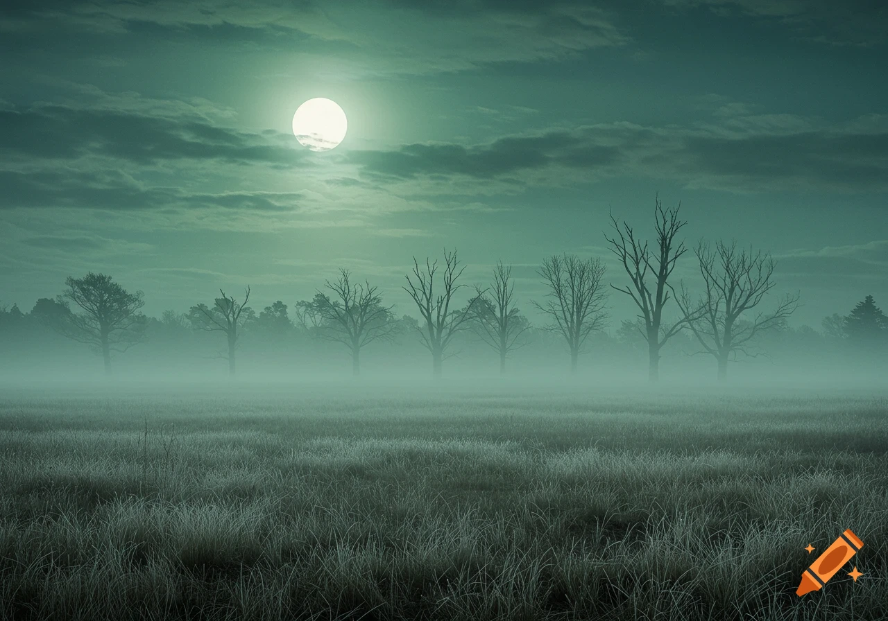 A misty, eerie field at night with bare trees silhouetted against a full moon in a cloudy, teal sky.