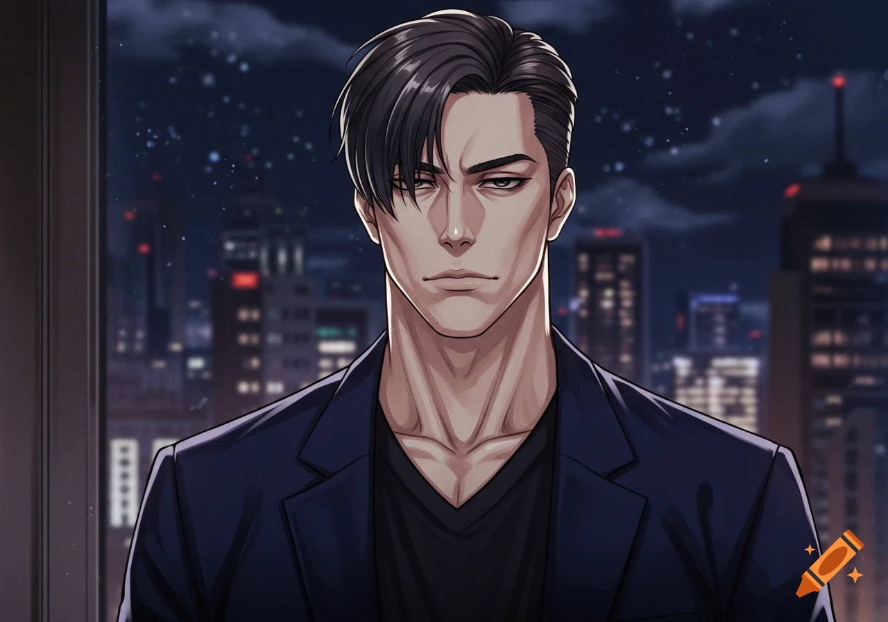 Anime-style portrait of a serious man with dark hair in a blazer, looking out a window at a nighttime city skyline.