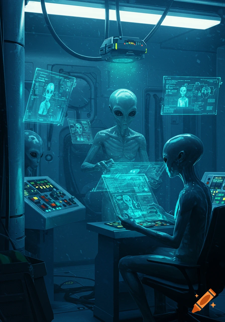 Three grey aliens in a dimly lit, futuristic control room, interacting with glowing blue holographic screens and control panels.