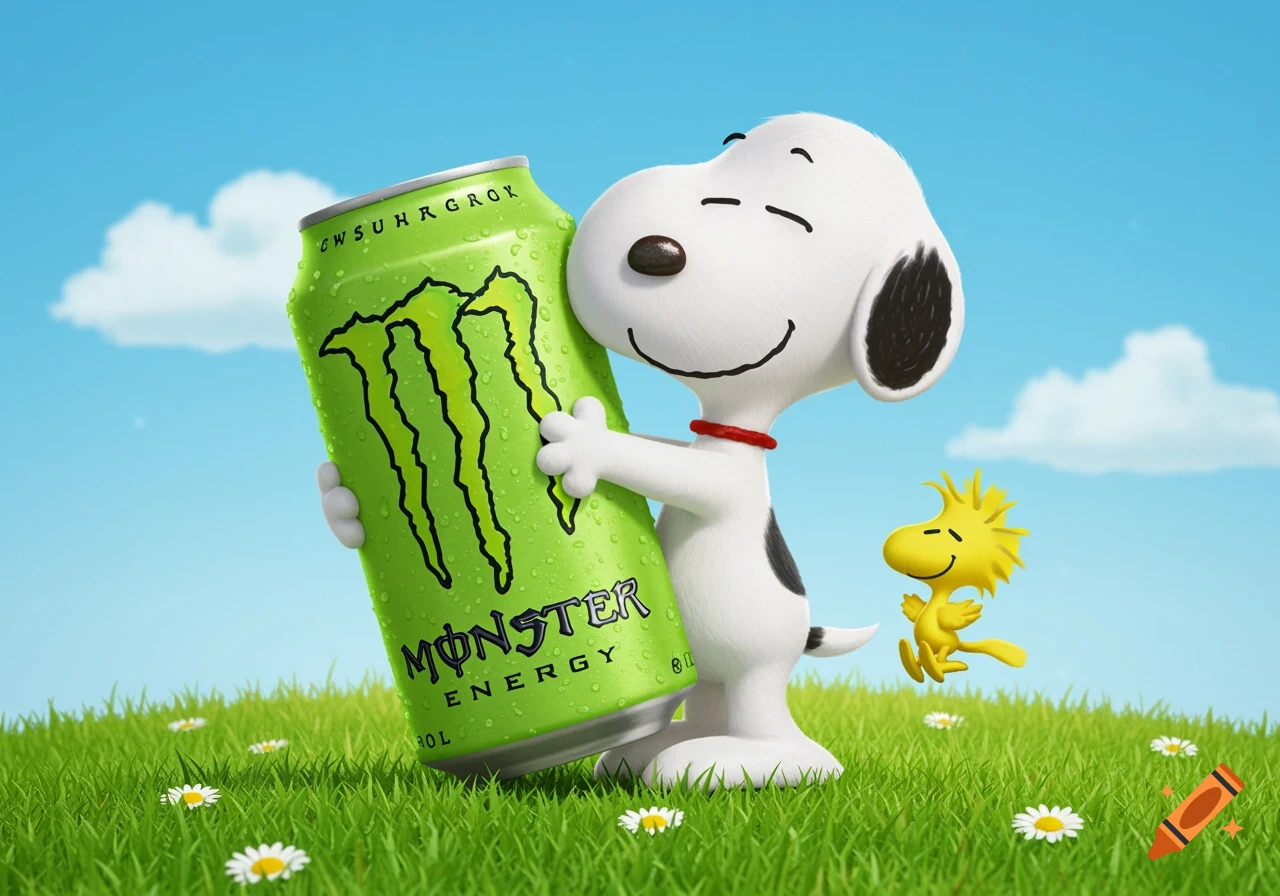 3D cartoon Snoopy embraces a green Monster Energy can, while Woodstock flies beside him in a sunny grassy field with daisies.