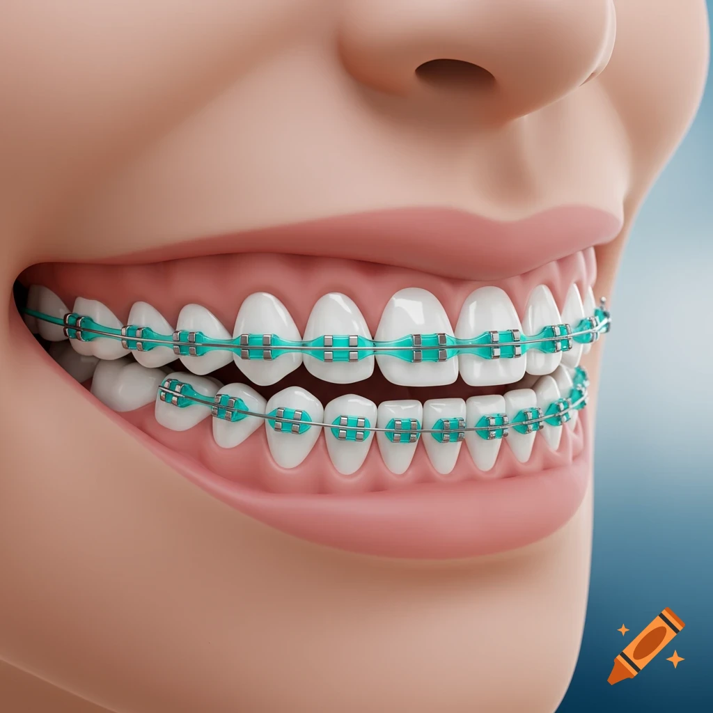 A close-up side view of a mouth with perfectly aligned white teeth, featuring clear braces with bright teal bands in a photorealistic style.