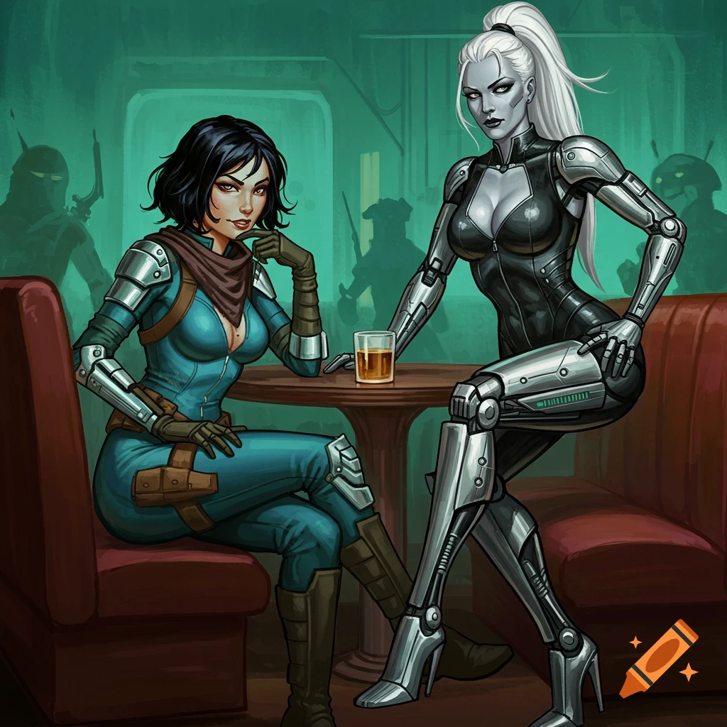 Two stylized female sci-fi characters in a retro-futuristic cantina. One with black hair and blue armor, the other a white-haired cyborg, sit at a table with a drink.