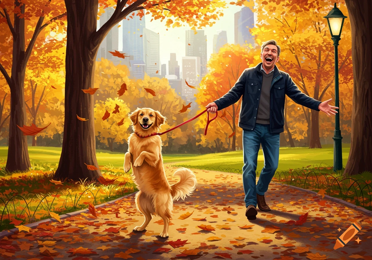 An illustrative scene of a man happily walking with his golden retriever, standing on its hind legs, in a vibrant autumn park with falling leaves.