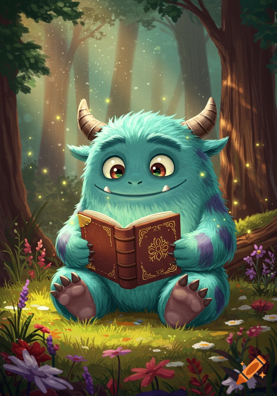 An adorable teal monster with horns and purple stripes sits in an enchanted forest, reading a brown book amidst flowers and glowing fireflies.