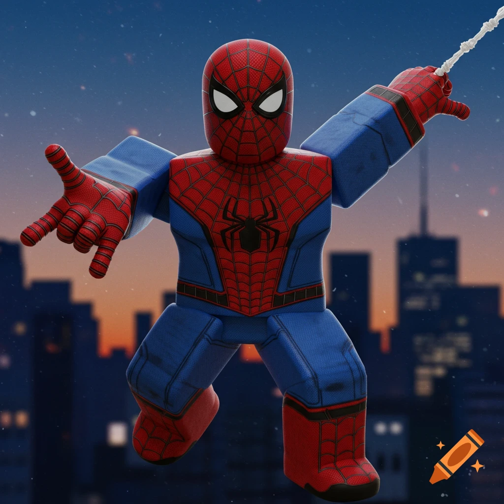 A 3D rendered Roblox-style Spider-Man character swings against a city skyline at dusk.