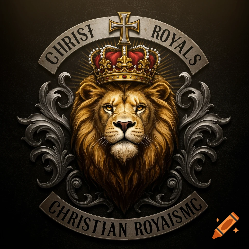 A detailed emblem featuring a crowned lion's head, silver scrollwork, a cross, and banners with 'CHRIST ROYALS' and 'CHRISTIAN ROYALISM MC' text.