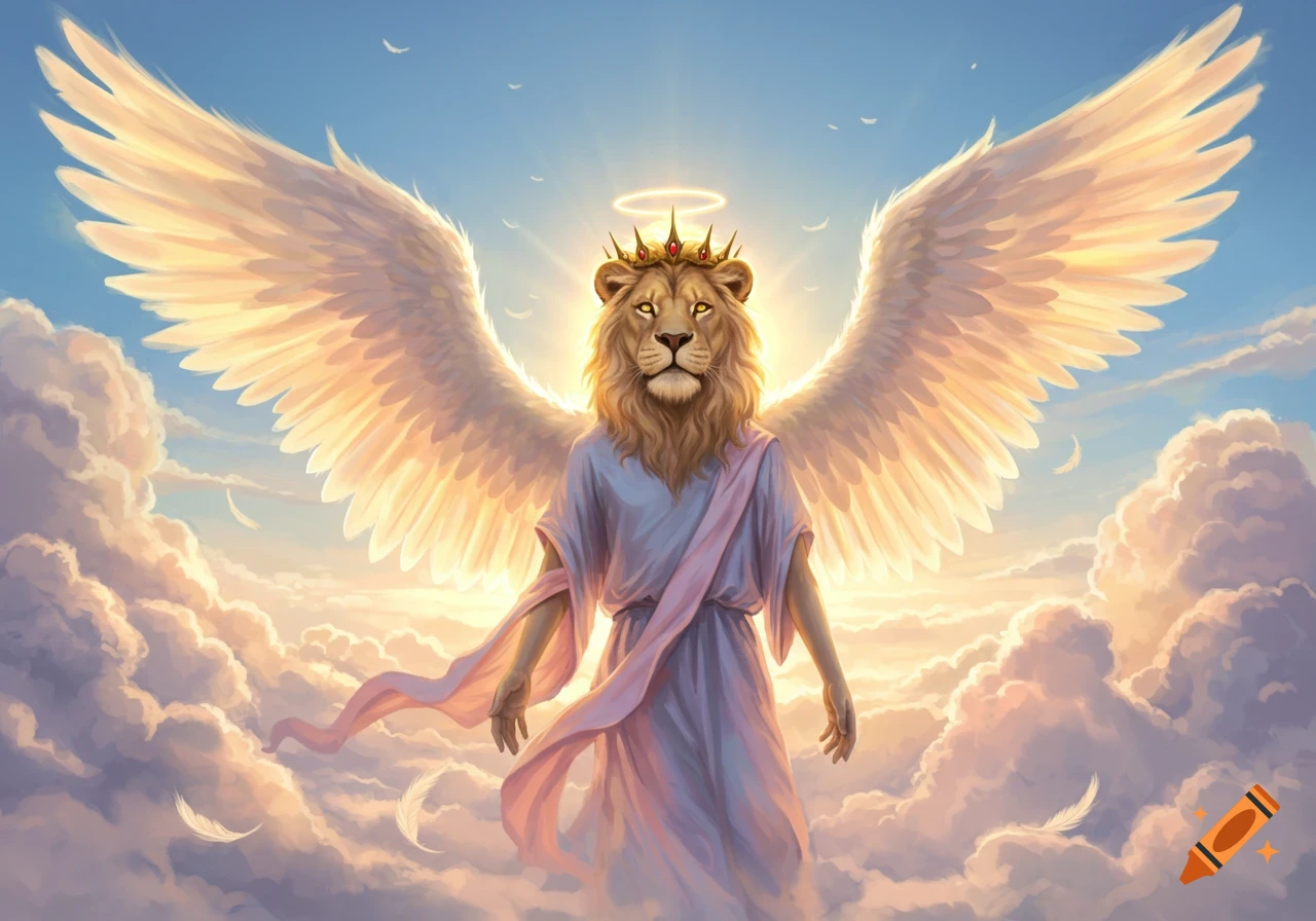 An angelic figure with a lion's head, a halo, and large white wings stands among clouds with a glowing sky.