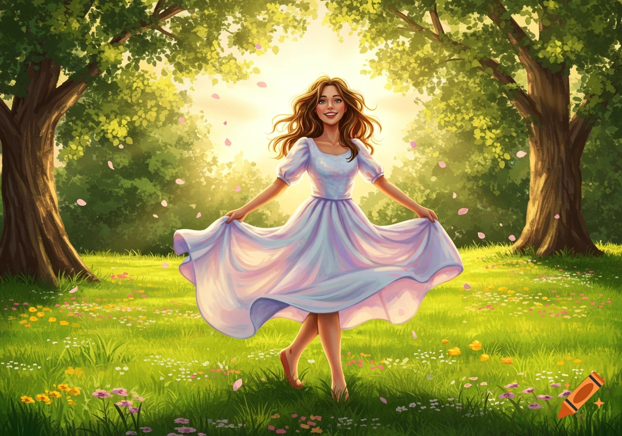 An illustrative image of a young woman in a light dress twirling in a sunny, green field with trees and flowers.