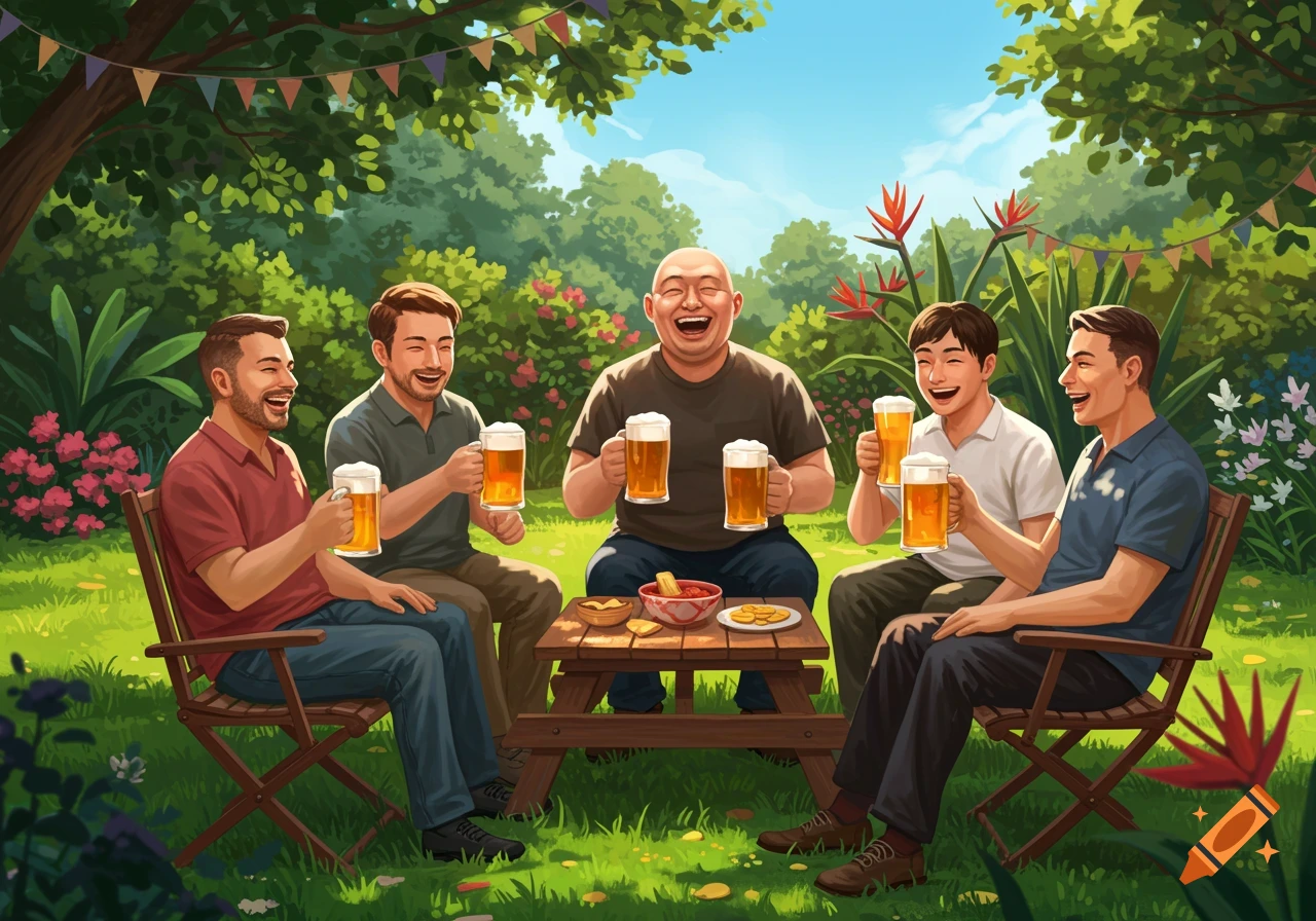 Five smiling men drinking beer in a sunny garden, sitting around a wooden picnic table, illustrated.