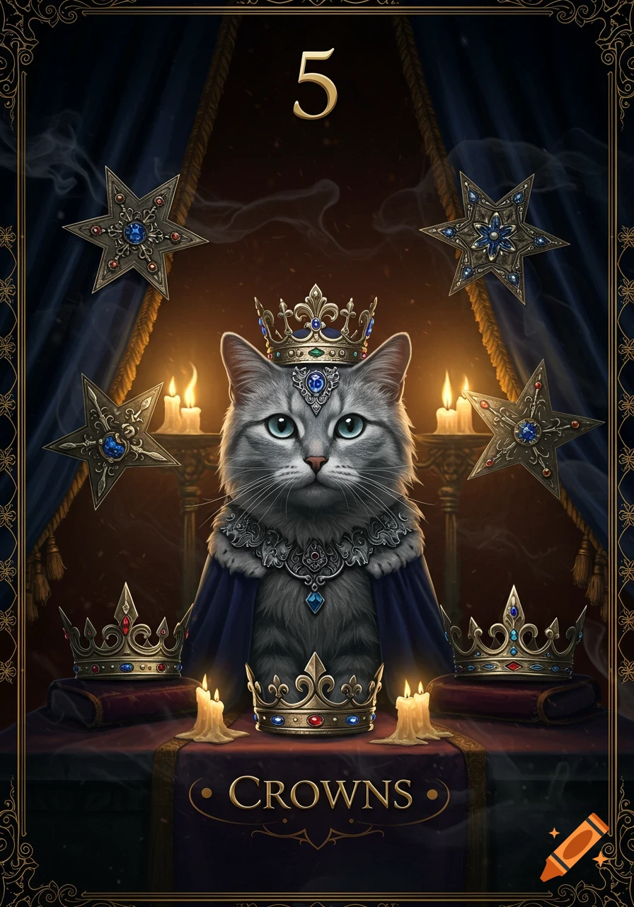 A majestic gray cat wearing a crown and royal robe, surrounded by stars, candles, and crowns, with the number '5' and word 'CROWNS' on a card design.