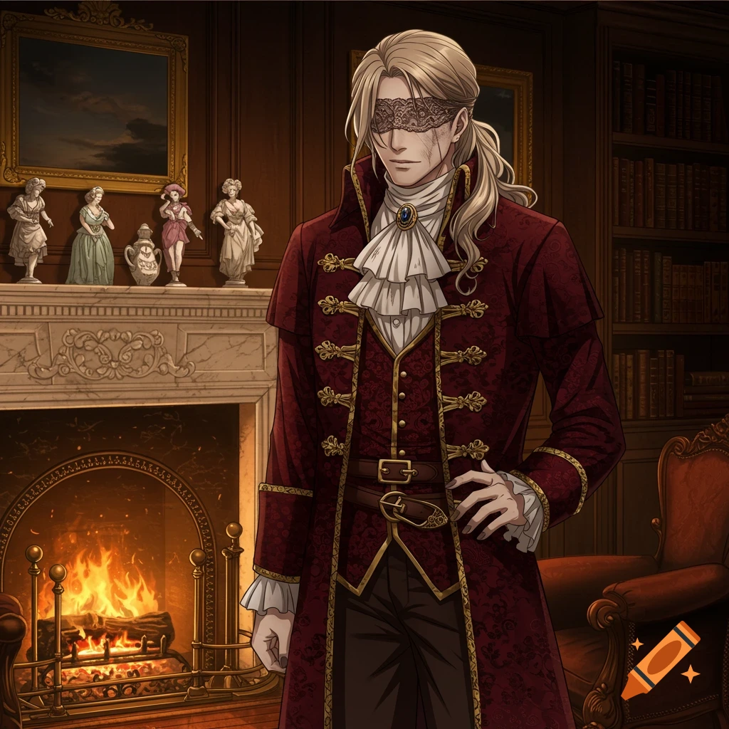 Anime style drawing of a man with long blond hair wearing a lace blindfold and a red Victorian coat, standing by a fireplace in a sitting room.
