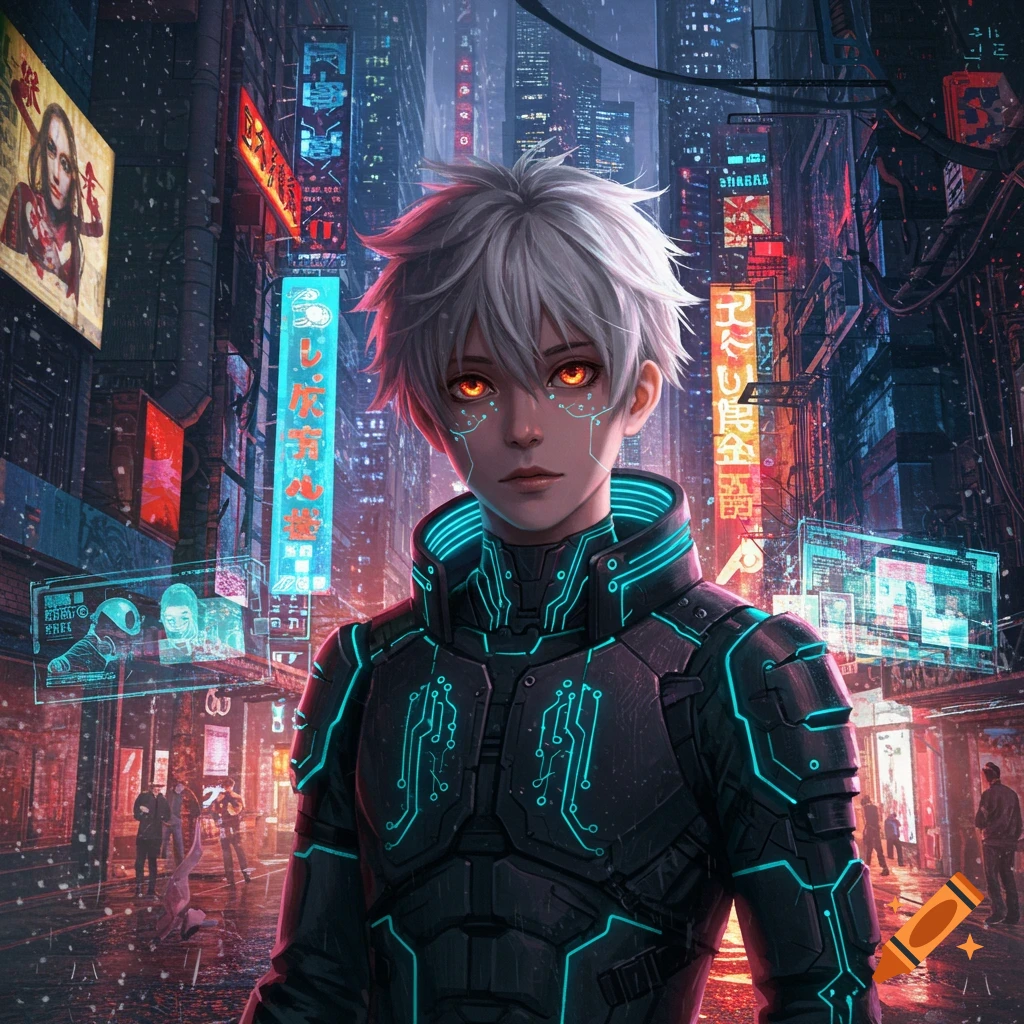 An anime boy with white hair and glowing orange eyes wears futuristic tactical armor in a neon-lit cyberpunk city at night.