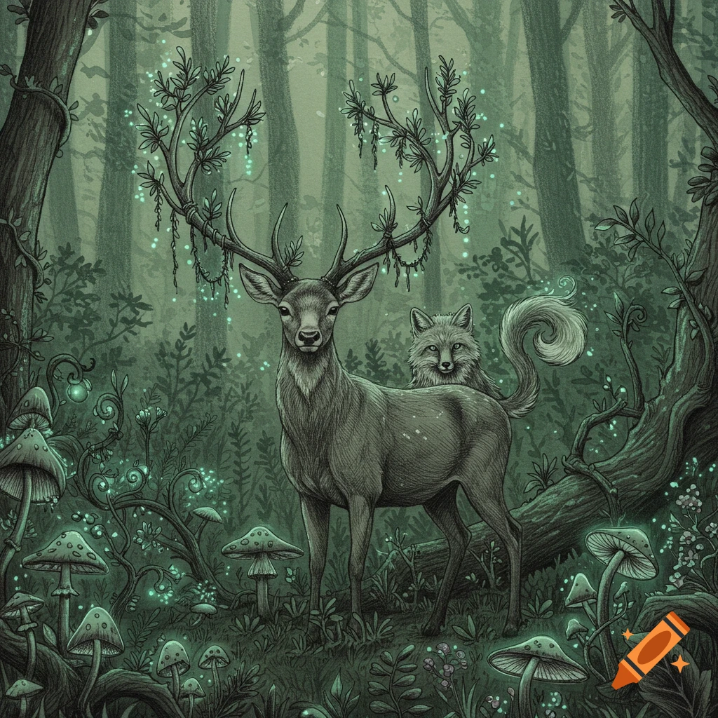 A hand-drawn fantasy illustration of a stag with glowing antlers and a fox in an enchanted green forest with bioluminescent mushrooms.