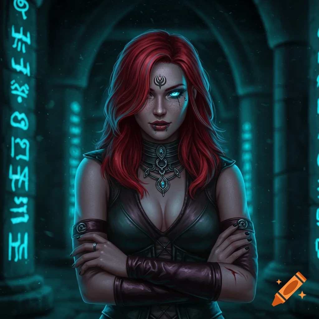A red-haired woman with glowing blue eyes and piercings, in dark fantasy attire, standing with arms crossed against a mystical, runic background.