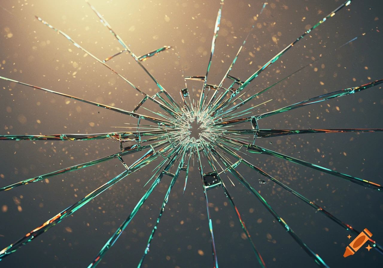 Detailed close-up of shattered glass, cracks radiating from an impact point, showing colorful refractions and dust particles.