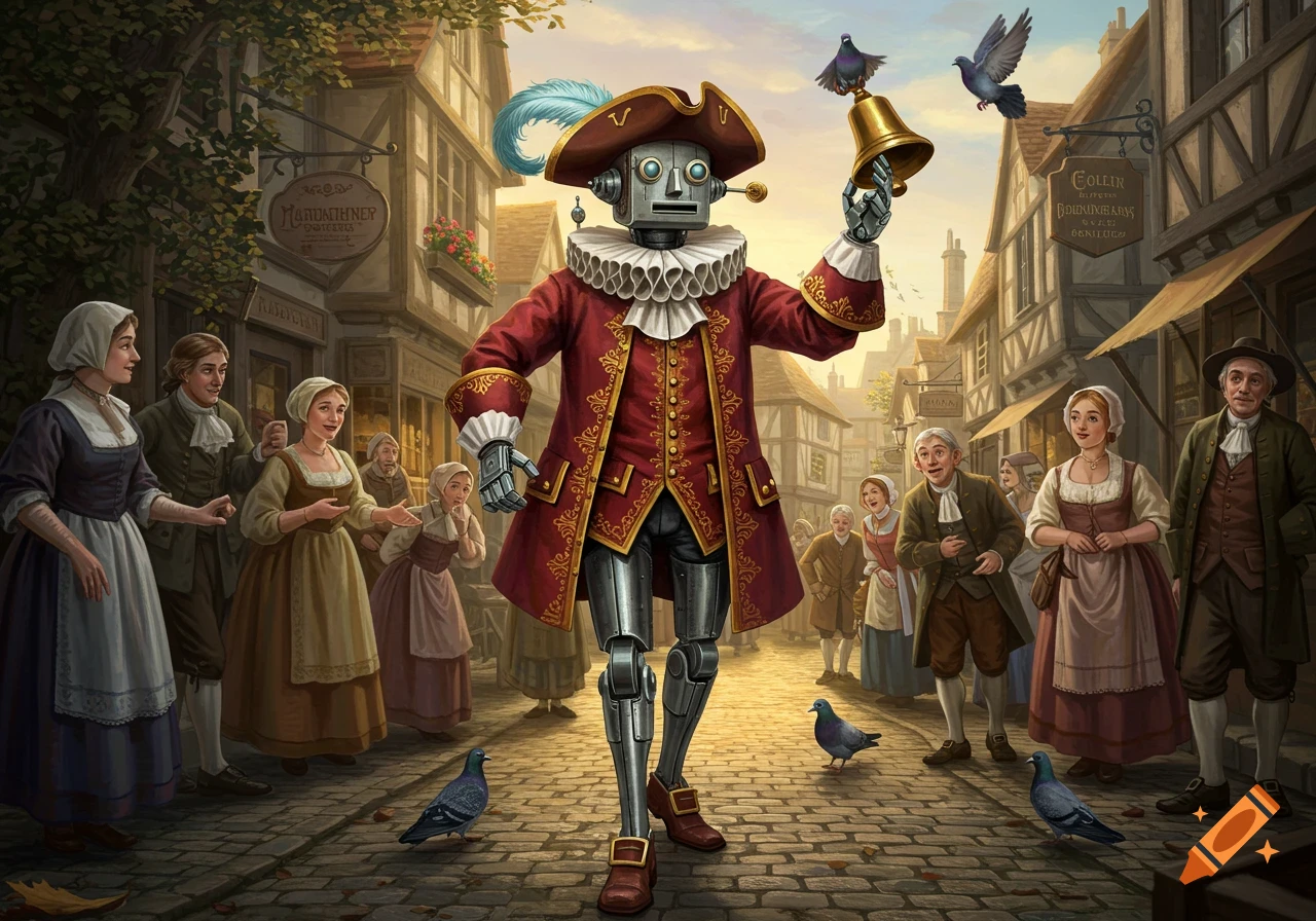 A robot dressed as a town crier, wearing a red coat and tricorn hat, rings a bell in a cobbled street among people in historical attire.