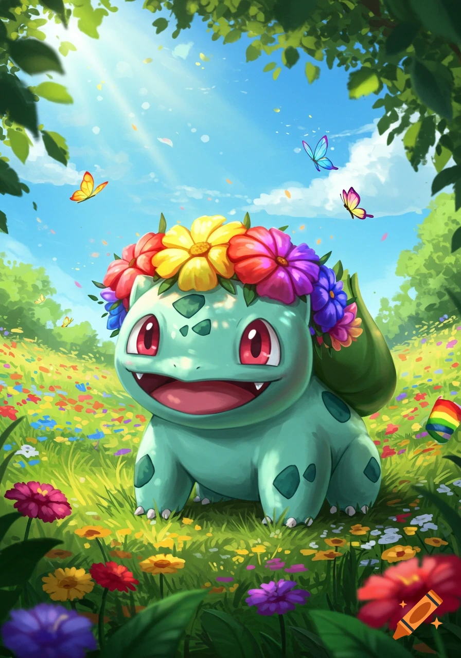 A happy Bulbasaur wearing a colorful flower crown sits in a vibrant field with butterflies under a sunny sky.