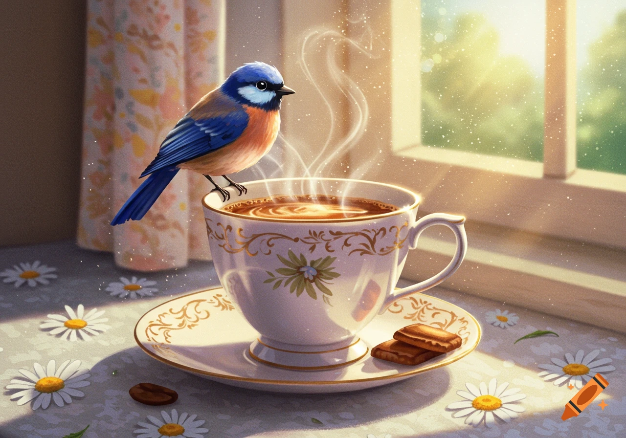 A small blue and orange bird perches on a white teacup filled with steaming coffee, beside a sunlit window.