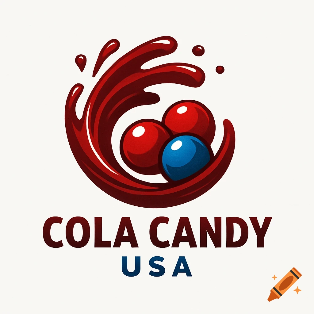 A red and blue cola candy logo with a splash design and the text 'COLA CANDY USA'.