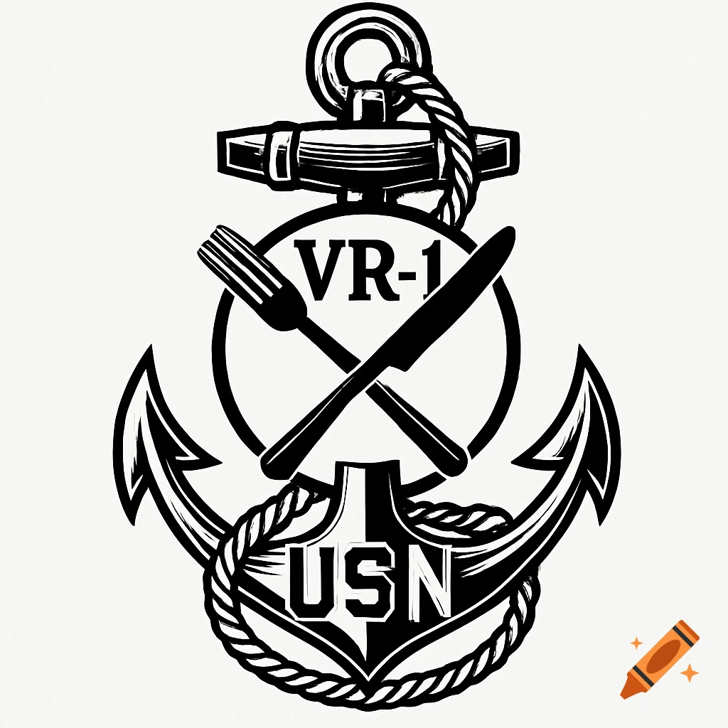 Black and white vector logo of a naval anchor with a fork, knife, and the text 'VR-1' and 'USN'.