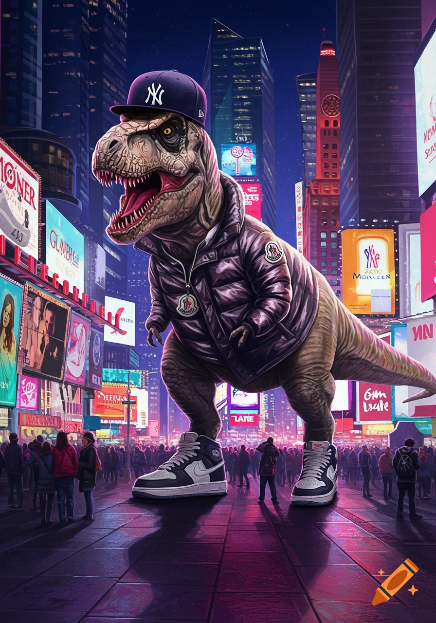 A T-Rex wearing a Yankee hat, Moncler jacket, and Air Force 1 shoes stands in a vibrant Times Square at night, surrounded by bright billboards and a crowd of people.