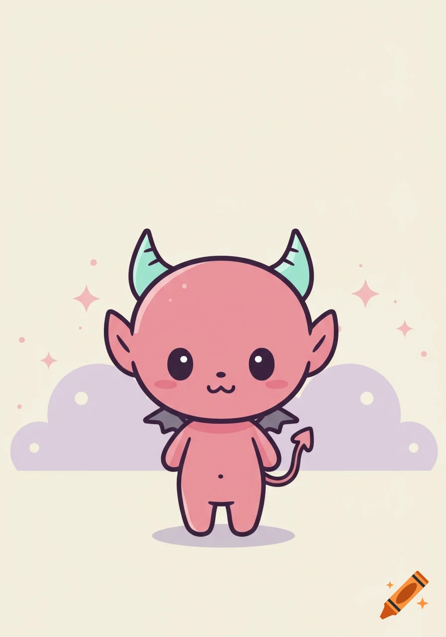 A cute pink chibi devil character with blue horns, bat wings, and a pointy tail, standing in front of light purple clouds and sparkles in a cartoon style.